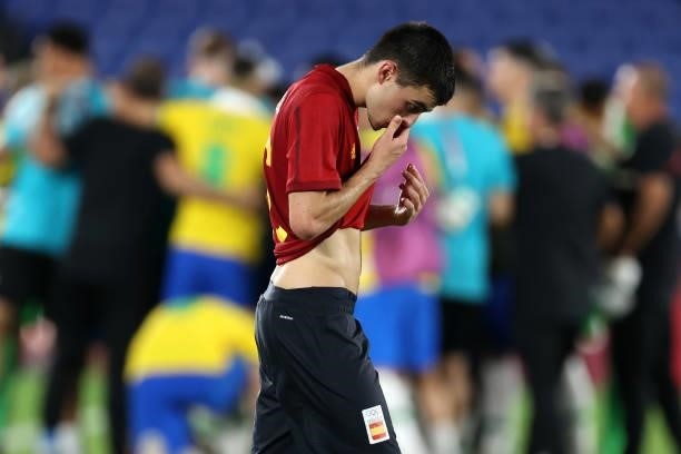 Pedri Gonzalez of Team Spain reacts before extra-time during the Men's Gold Medal Match between Brazil and Spain on day fifteen of the Tokyo 2020...