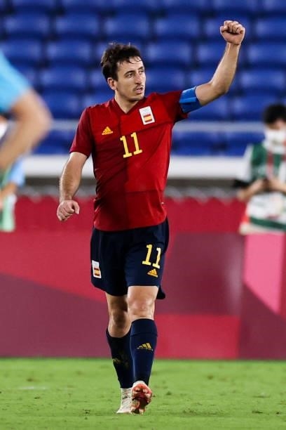 Mikel Oyarzabal of Spain celebrates his goal with teammates during the Men's Gold Medal Match between Brazil and Spain on day fifteen of the Tokyo...