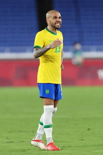 Dani Alves of Team Brazil reacts during the Men's Gold Medal Match between Brazil and Spain on day fifteen of the Tokyo 2020 Olympic Games at...
