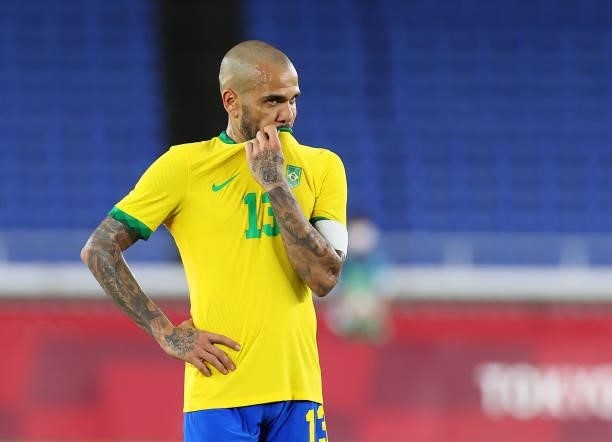 Dani Alves of Team Brazil reacts during the Men's Gold Medal Match between Brazil and Spain on day fifteen of the Tokyo 2020 Olympic Games at...