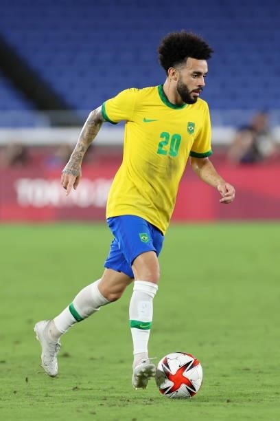 Claudinho of Team Brazil runs with the ball during the Men's Gold Medal Match between Brazil and Spain on day fifteen of the Tokyo 2020 Olympic Games...