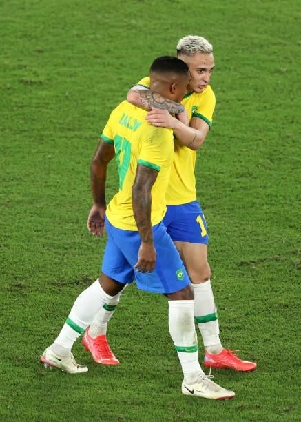 Malcom of Team Brazil celebrates with Antony after scoring their side's second goal during the Men's Gold Medal Match between Brazil and Spain on day...
