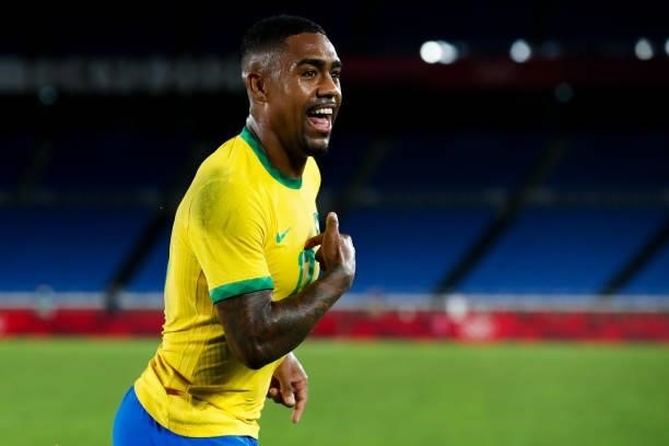 Malcom of Brazil celebrates his goal during the Men's Gold Medal Match between Brazil and Spain on day fifteen of the Tokyo 2020 Olympic Games at...