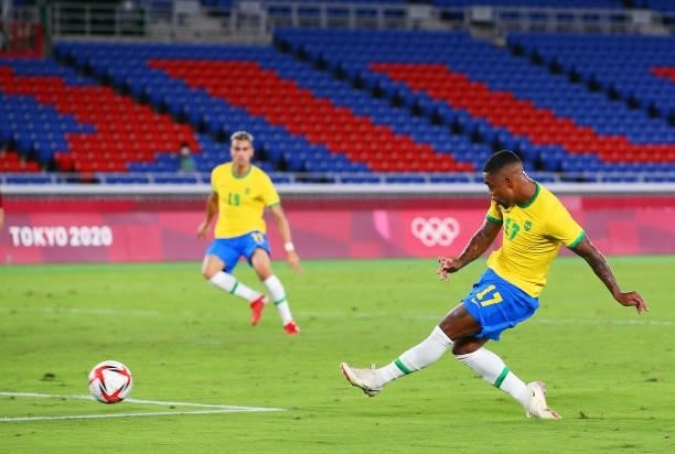 Malcom of Team Brazil scores their side's second goal during the Men's Gold Medal Match between Brazil and Spain on day fifteen of the Tokyo 2020...