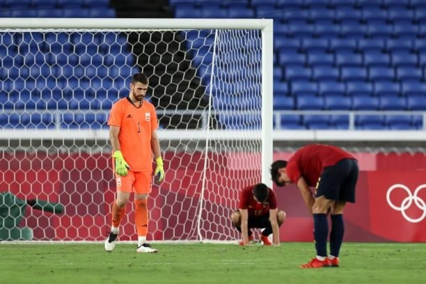 Unai Simon of Team Spain looks dejected after their side concedes a second goal scored by Malcom of Team Brazil during the Men's Gold Medal Match...