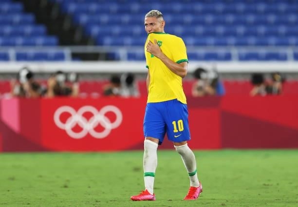 Richarlison of Team Brazil reacts during the Men's Gold Medal Match between Brazil and Spain on day fifteen of the Tokyo 2020 Olympic Games at...