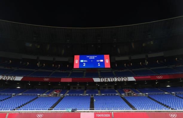 General view inside the stadium of empty seats as the LED screen displays the full time result after the Men's Gold Medal Match between Brazil and...