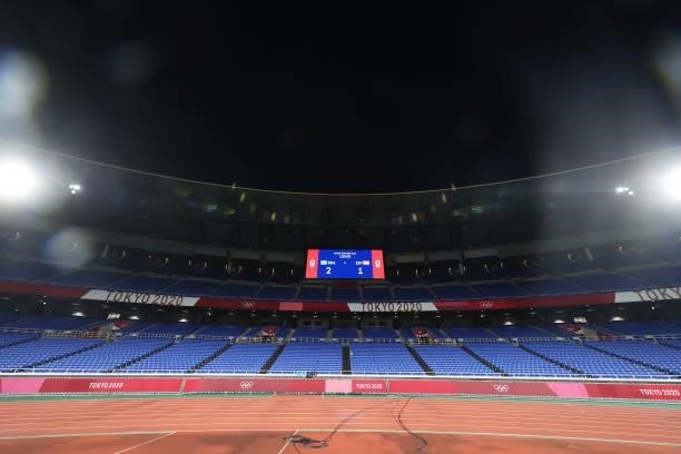 General view inside the stadium of empty seats as the LED screen displays the full time result after the Men's Gold Medal Match between Brazil and...