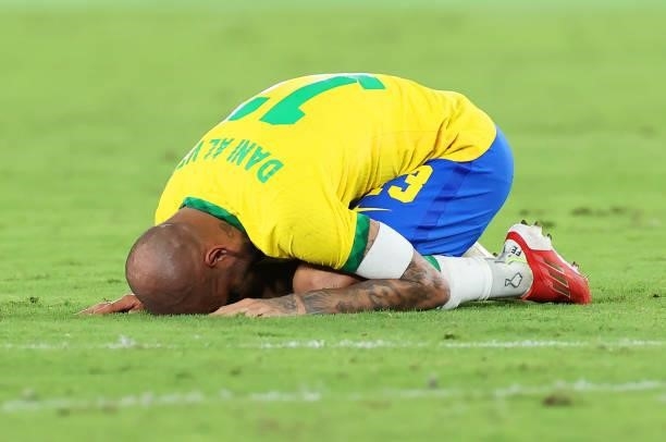Dani Alves of Team Brazil celebrates their side's victory after the Men's Gold Medal Match between Brazil and Spain on day fifteen of the Tokyo 2020...