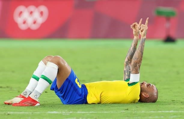 Dani Alves of Team Brazil celebrates their side's victory after the Men's Gold Medal Match between Brazil and Spain on day fifteen of the Tokyo 2020...