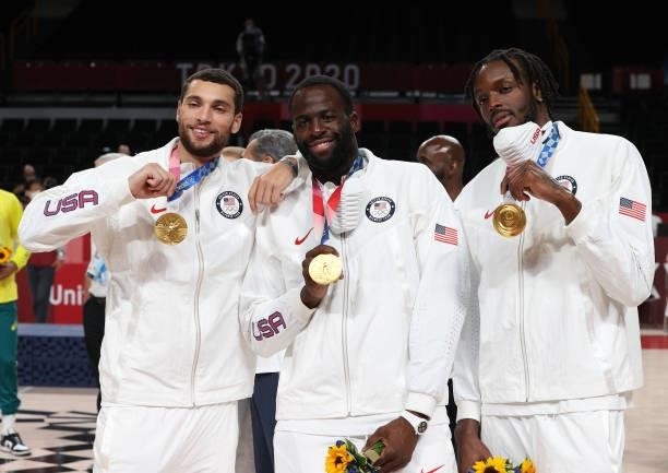 Zachary Lavine, Draymond Green, and Jerami Grant of Team United States during the Men's Basketball medal ceremony on day fifteen of the Tokyo 2020...