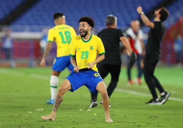 Claudinho of Team Brazil celebrates their side's victory after the Men's Gold Medal Match between Brazil and Spain on day fifteen of the Tokyo 2020...
