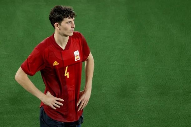 Pau Torres of Team Spain looks dejected following defeat in the Men's Gold Medal Match between Brazil and Spain on day fifteen of the Tokyo 2020...