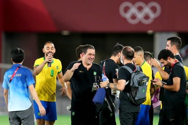 Andre Jardine, Head Coach of Team Brazil celebrates their side's victory after the Men's Gold Medal Match between Brazil and Spain on day fifteen of...