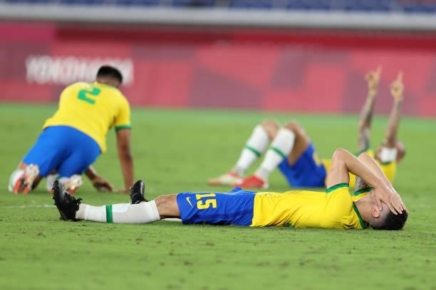 Nino of Team Brazil celebrates their side's victory after the Men's Gold Medal Match between Brazil and Spain on day fifteen of the Tokyo 2020...