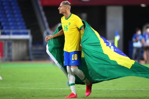 Richarlison of Team Brazil celebrates after defeating Team Spain 2-1 to win the men's gold medal match between Team Brazil and Team Spain at...