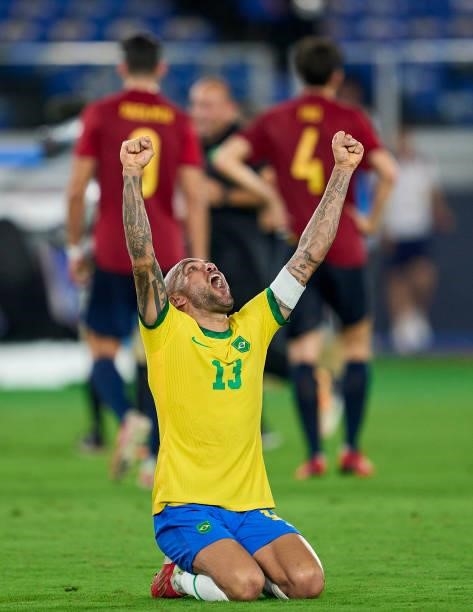 Dani Alves of Team Brazil celebrates their side's victory after the Men's Gold Medal Match between Team Brazil and Team Spain on day fifteen of the...