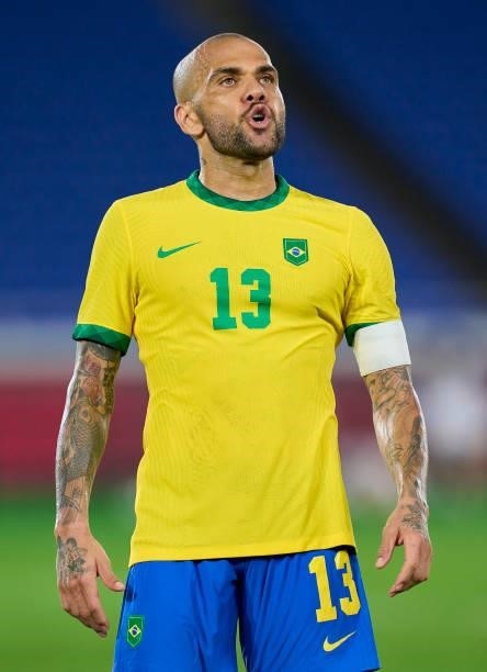 Daniel Alves of Team Brazil looks on during the Men's Gold Medal Match between Team Brazil and Team Spain on day fifteen of the Tokyo 2020 Olympic...