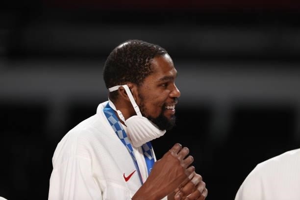 Kevin Durant looks on during the Men's Basketball medal ceremony on day fifteen of the Tokyo 2020 Olympic Games at Saitama Super Arena on August 07,...