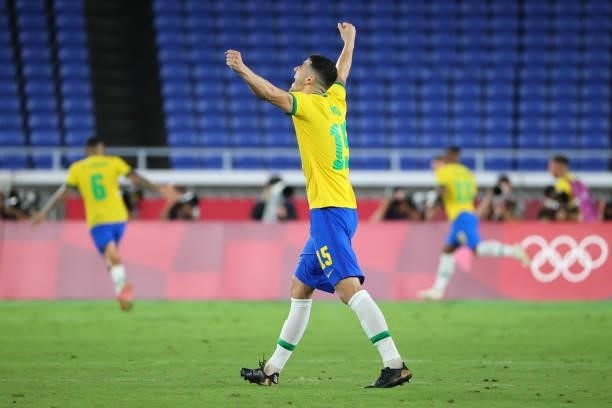 Nino of Team Brazil celebrates the goal by Malcolm to take a 2-1 lead in the second period of extra time during the men's gold medal match between...