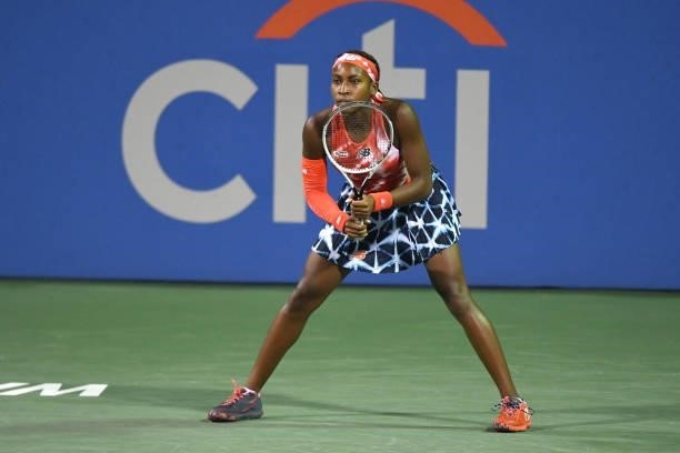 Cori Gauff of the United States in position during a match against Victoria Azarenka of Belarus on Day 6 during the Womens Invitation of the Citi...