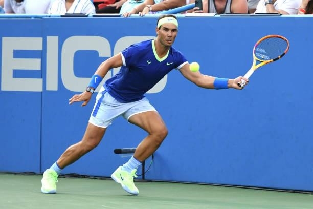 Rafael Nadal of Spain returns a shot during a match against Lloyd Harris of South Africa on Day 6 during the Citi Open at Rock Creek Tennis Center on...
