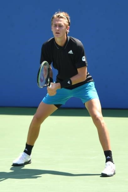 Sebastian Korda of the United States in position during a match against Jannik Sinner of Italy on Day 6 during the Citi Open at Rock Creek Tennis...