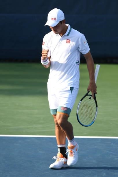 Kei Nishikori of Japan celebrates a shot during a match against Cameron Norrie of Great Britain on Day 6 during the Citi Open at Rock Creek Tennis...