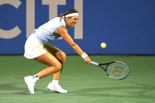 Victoria Azarenka of Belarus returns a shot during a match against Cori Gruff of the United States on Day 6 during the Womens Invitation of the Citi...