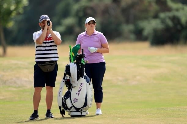 Caroline Inglis of The United States plays her second shot on the 16th hole during the Rose Ladies Series at Scotscraig Golf Club on August 07, 2021...