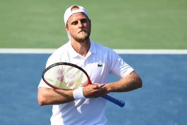 Denis Kudla of the United States looks on during a match against Brandon Nakashima of the United States on Day 6 during the WOmen"u2019s Invitation...