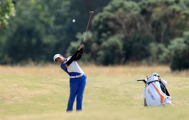 Pinkaew Trachuentong of Thailand plays her second shot on the 16th hole during the Rose Ladies Series at Scotscraig Golf Club on August 07, 2021 in...