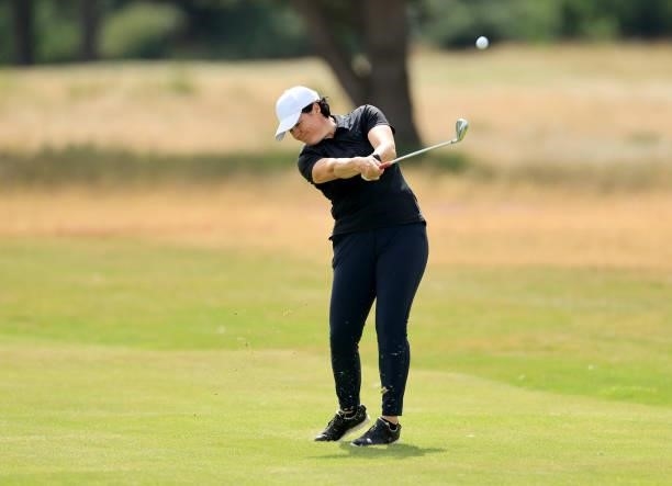 Becky Brewerton of Wales plays her second shot on the 18th hole during the Rose Ladies Series at Scotscraig Golf Club on August 07, 2021 in Tayport,...