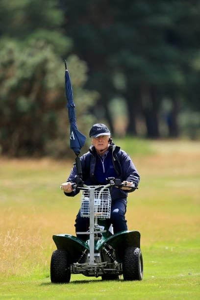 Rules official using an unusual form of transport during the Rose Ladies Series at Scotscraig Golf Club on August 07, 2021 in Tayport, Scotland.