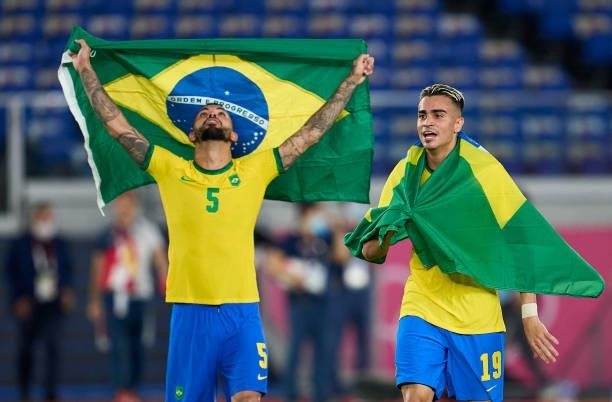 Reinier Jesus Carvalho and Douglas Luiz of Team Brazil celebrates their side's victory after the Men's Gold Medal Match between Team Brazil and Team...