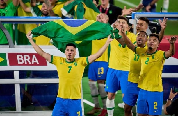 Players of Team Brazil celebrates their side's victory after the Men's Gold Medal Match between Team Brazil and Team Spain on day fifteen of the...