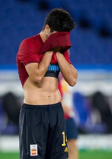 Carlos Soler of Team Spain reacts after the Men's Gold Medal Match between Team Brazil and Team Spain on day fifteen of the Tokyo 2020 Olympic Games...