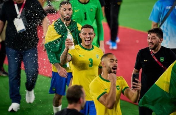 Diego Carlos Santos of Team Brazil celebrates their side's victory after the Men's Gold Medal Match between Team Brazil and Team Spain on day fifteen...