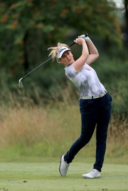 Sophie Powell of England plays her tee shot on the fourth hole during the Rose Ladies Series at Scotscraig Golf Club on August 07, 2021 in Tayport,...