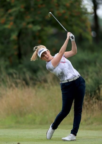 Sophie Powell of England plays her tee shot on the fourth hole during the Rose Ladies Series at Scotscraig Golf Club on August 07, 2021 in Tayport,...