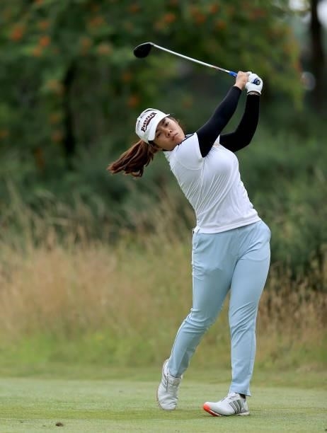 Aprichaya Yubol of Thailand plays her tee shot on the fourth hole during the Rose Ladies Series at Scotscraig Golf Club on August 07, 2021 in...