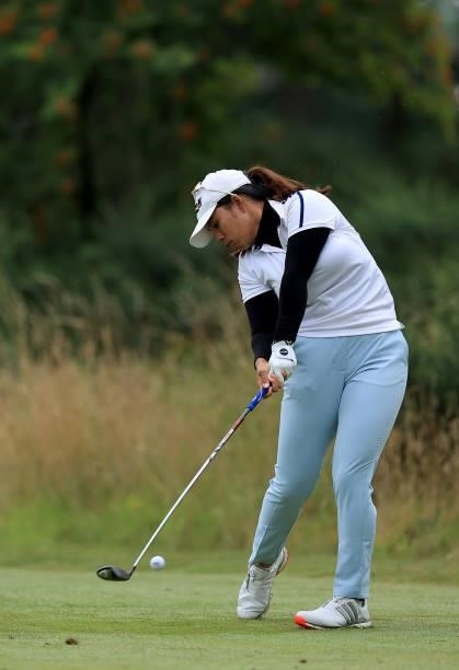 Aprichaya Yubol of Thailand plays her tee shot on the fourth hole during the Rose Ladies Series at Scotscraig Golf Club on August 07, 2021 in...