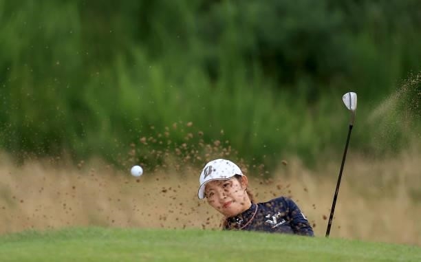 Ayaka Furue of Japan plays her second shot on the third hole during the Rose Ladies Series at Scotscraig Golf Club on August 07, 2021 in Tayport,...
