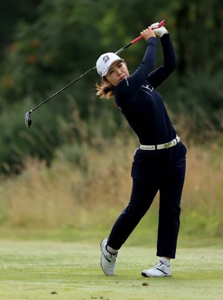 Ayaka Furue of Japan plays her tee shot on the fourth hole during the Rose Ladies Series at Scotscraig Golf Club on August 07, 2021 in Tayport,...