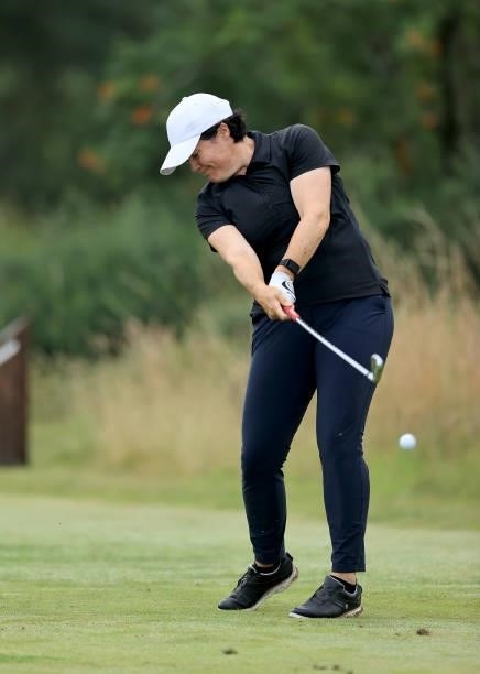 Becky Brewerton of Wales plays her tee shot on the fourth hole during the Rose Ladies Series at Scotscraig Golf Club on August 07, 2021 in Tayport,...
