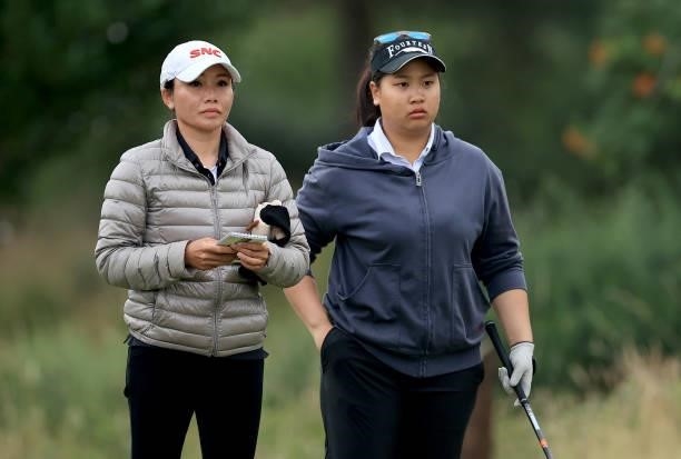 Channette Wannasaen of Thailand plays her tee shot on the fourth hole during the Rose Ladies Series at Scotscraig Golf Club on August 07, 2021 in...