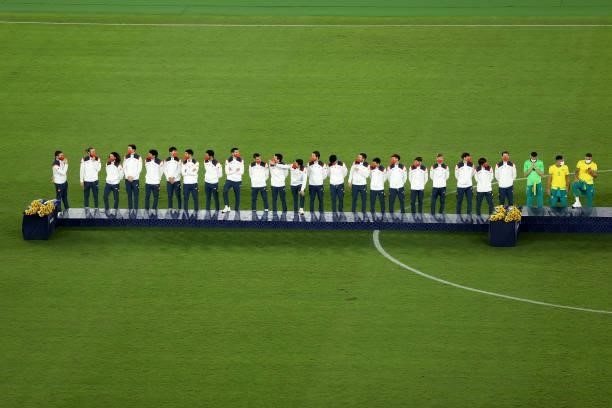 Silver medalists of Team Spain stand on the podium during the Men's Football Competition Medal Ceremony on day fifteen of the Tokyo 2020 Olympic...