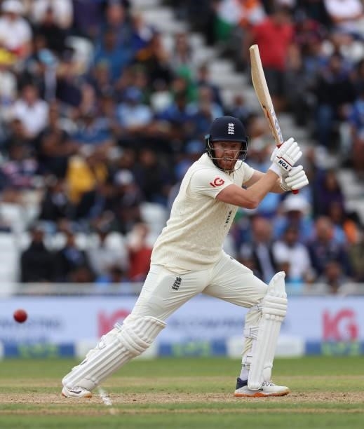 Jonny Bairstow of England hits out during day four of the First LV= Insurance test match between England and India at Trent Bridge on August 07, 2021...