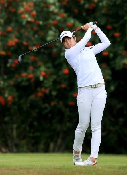 Chalisa Limpipolpaibul of Thailand plays her tee shot on the third hole during the Rose Ladies Series at Scotscraig Golf Club on August 07, 2021 in...