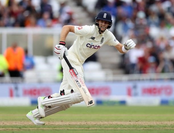 Joe Root runs a single during day four of the First LV= Insurance test match between England and India at Trent Bridge on August 05, 2021 in...